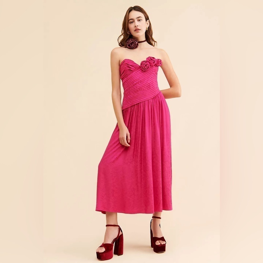 Free People Make An Entrance Maxi Dress Size 6 Pink Formal Gown Brocade Rosettes